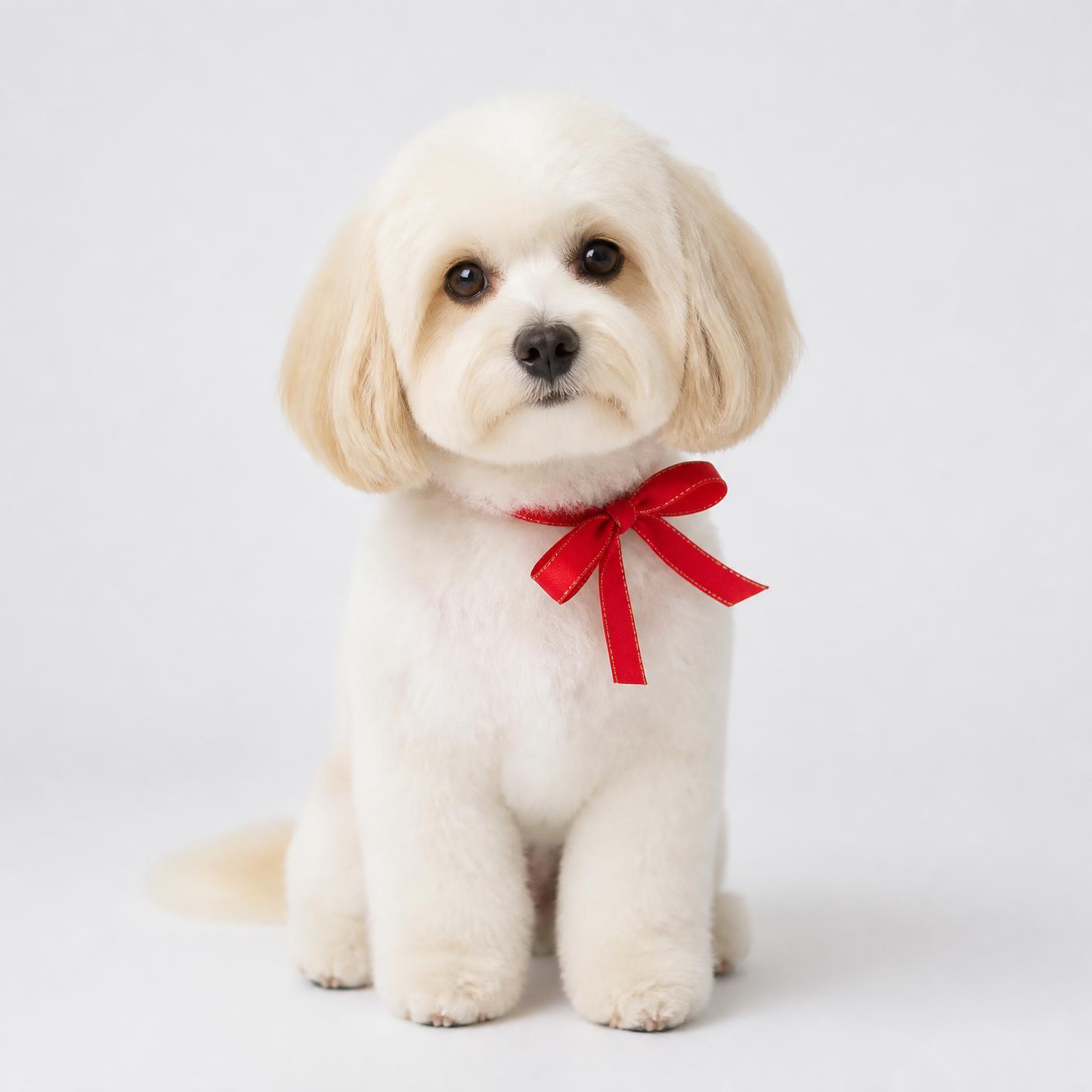 Petit chien blanc toiletté avec un nœud rouge